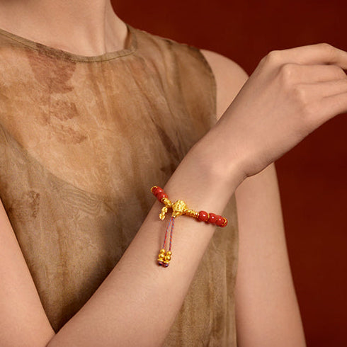 "Jiuhua Mountain" 24K Gold Beaded Bracelet Agate Bodhi Bead Ksitigarbha's Implements A1915333