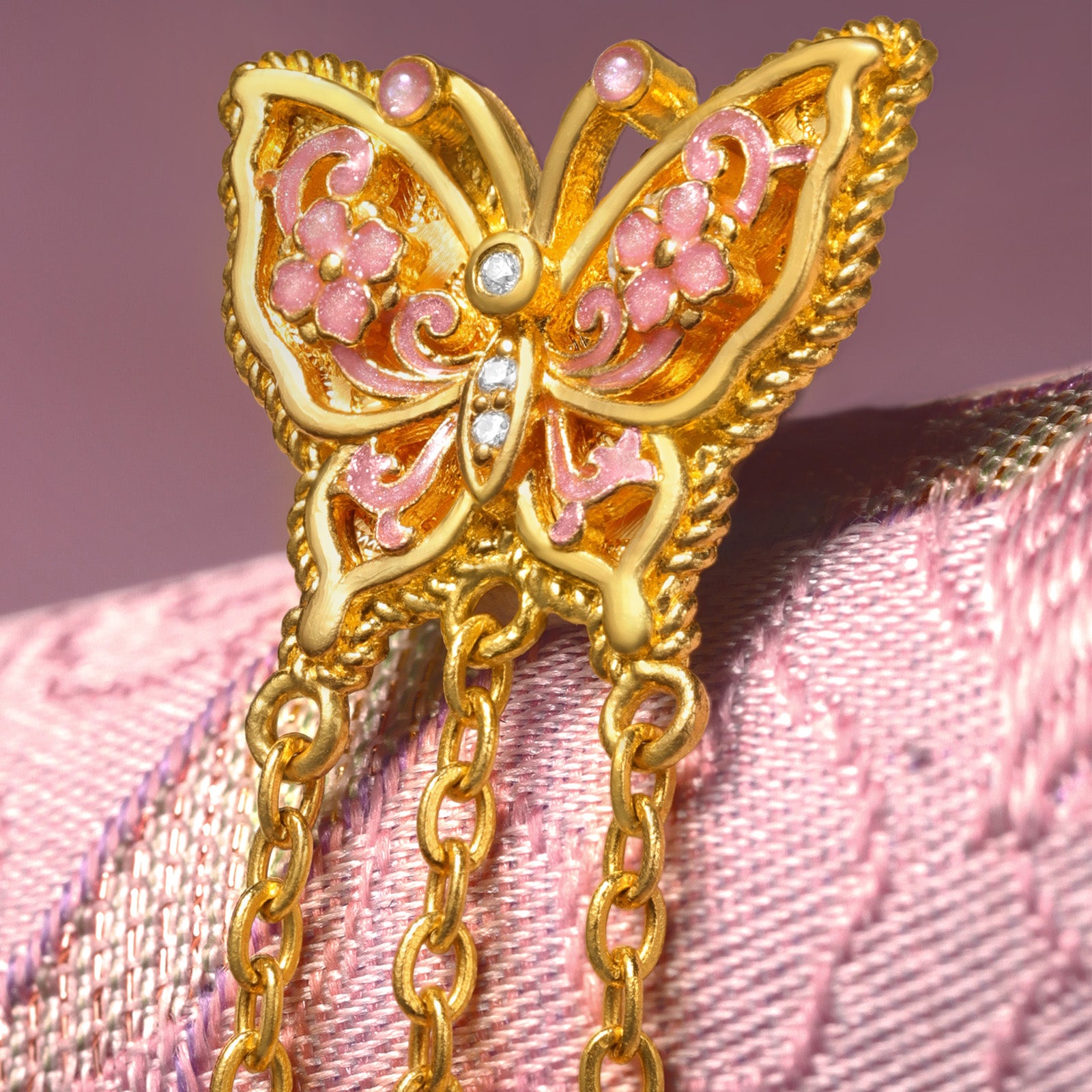 "Chinese Culture Collection - Song Brocade" 24K Gold Drop Earrings Diamond 2.5-3mm Pearl Butterfly 5.55-7.55g W0923492