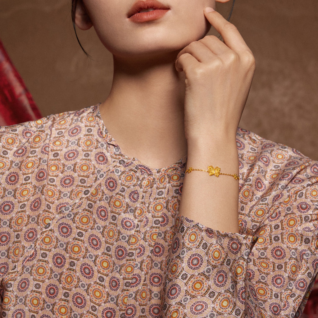"Chinese Culture Collection - Song Brocade" 24K Gold Chain Bracelet Diamond Butterfly 4.1-6.1g W0723499