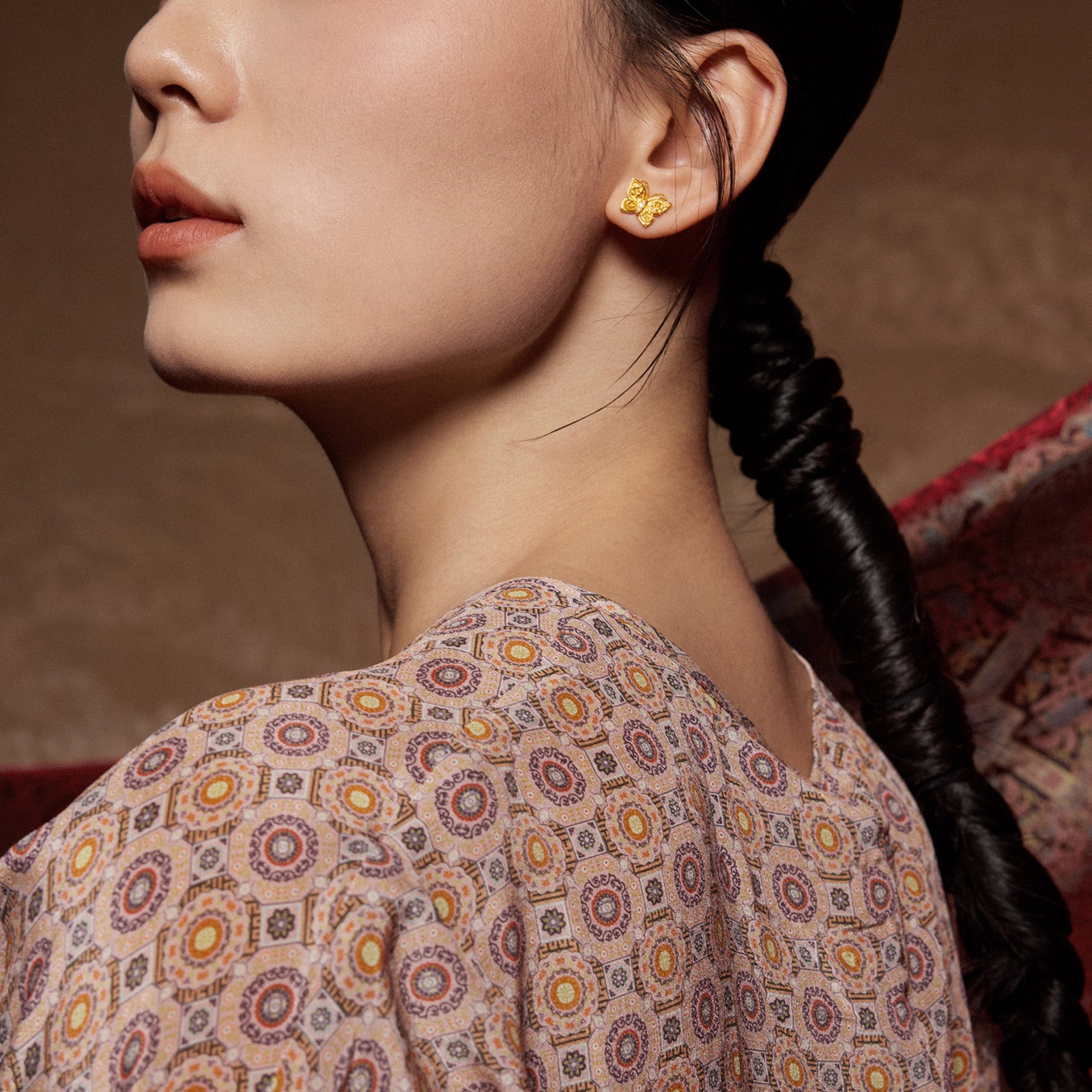 "Chinese Culture Collection - Song Brocade" 24K Gold Stud Earrings Diamond Butterfly 3.1-5.1g W0923498