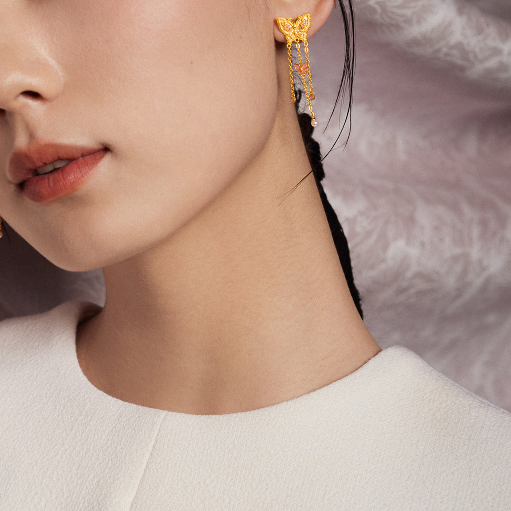 "Chinese Culture Collection - Song Brocade" 24K Gold Drop Earrings Diamond 2.5-3mm Pearl Butterfly 5.55-7.55g W0923492