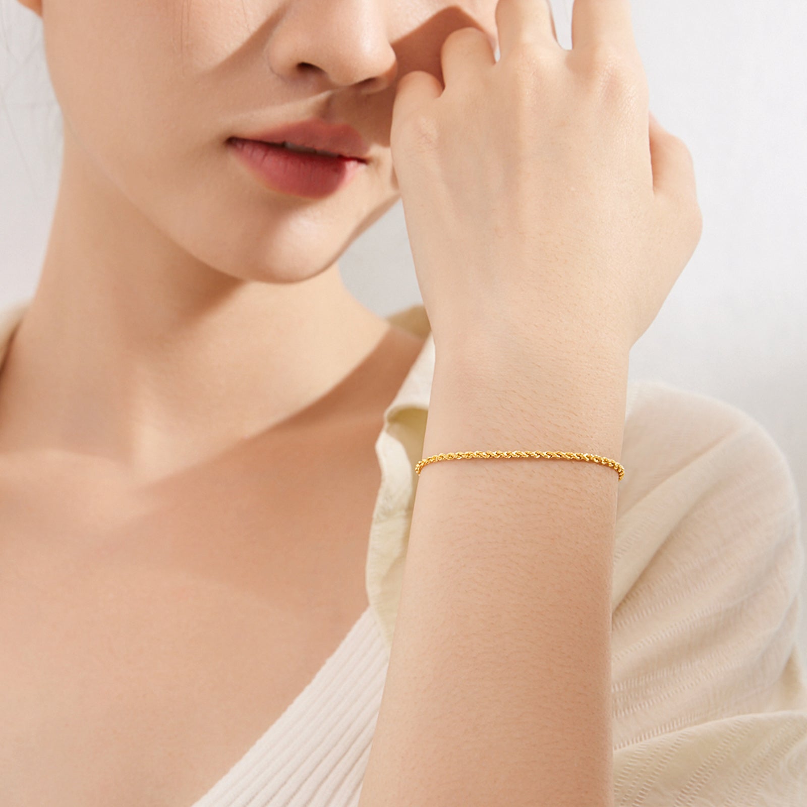 ZHOU LIU FU 18K Solid Gold Rope Chain Diamond Cut Bracelet, 6"-7" Minimalist Italian Jewelry for Women