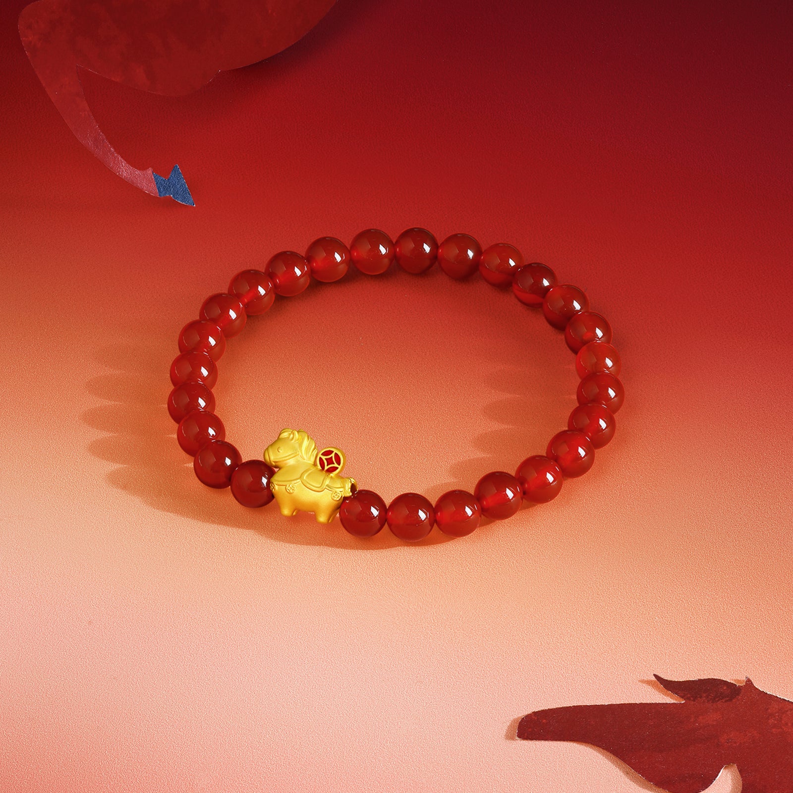 'Year of the Horse' 24K Gold Beaded Bracelet Agate Horse Coin 0.7-1g 17cm A1916283