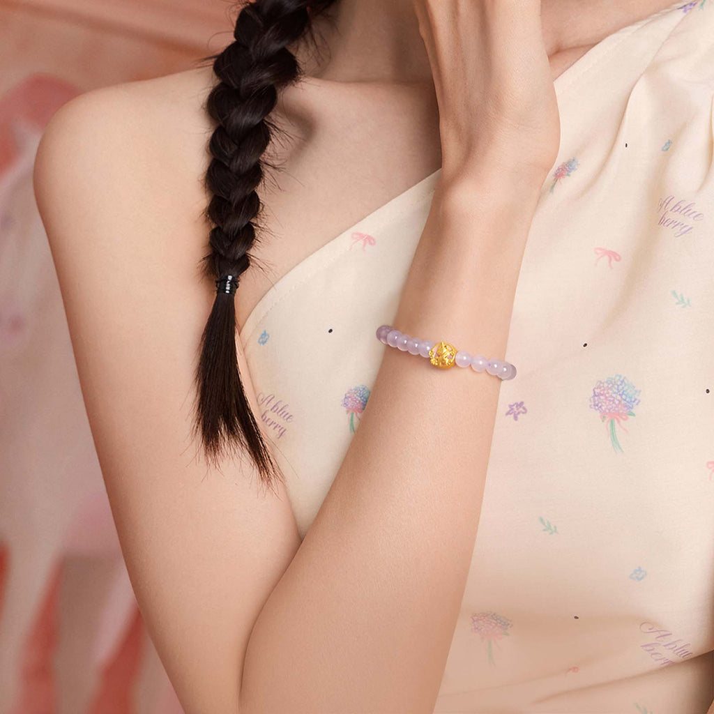 'Year of the Horse' 24K Gold Beaded Bracelet Chalcedony Horse 0.7-1g 17cm A1915521