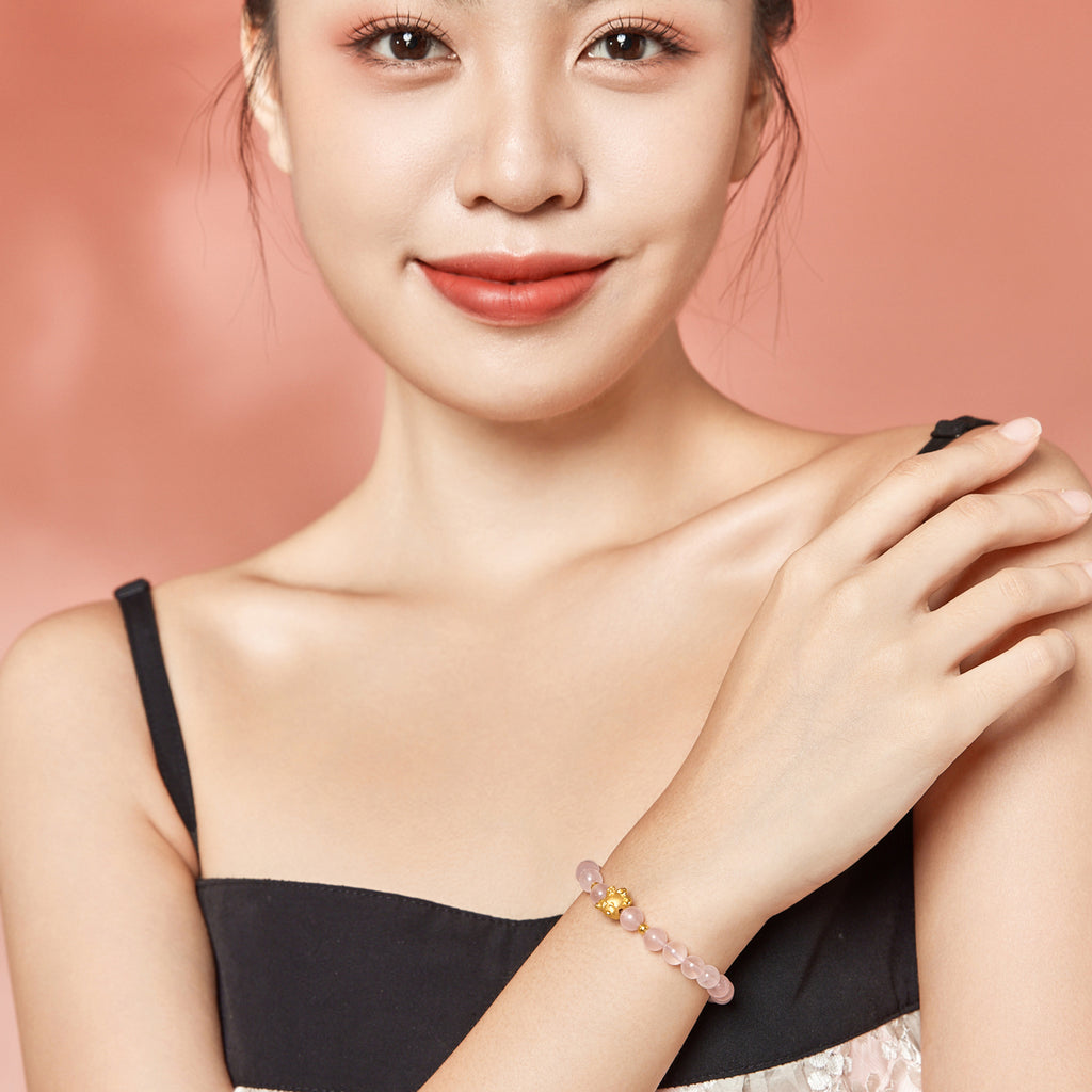 "Chinese Zodiac Rabbit" 24K Gold Beaded Bracelet Rose Quartz6.2-6.7mm Rabbit 0.42-0.65g A1911099