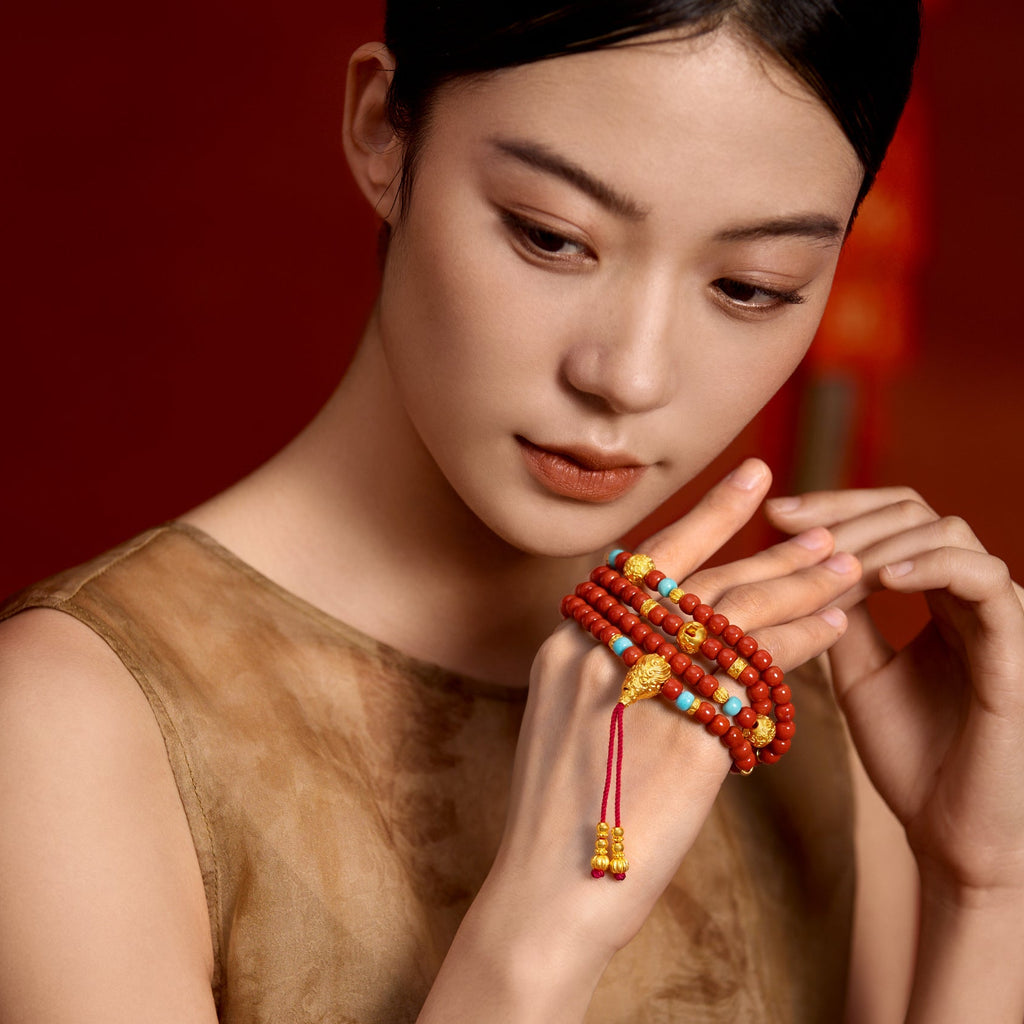 Jiuhua Mountain' 24K Gold Beaded Bracelet Agate Turquoise Ksitigarbha's Implements J1915265