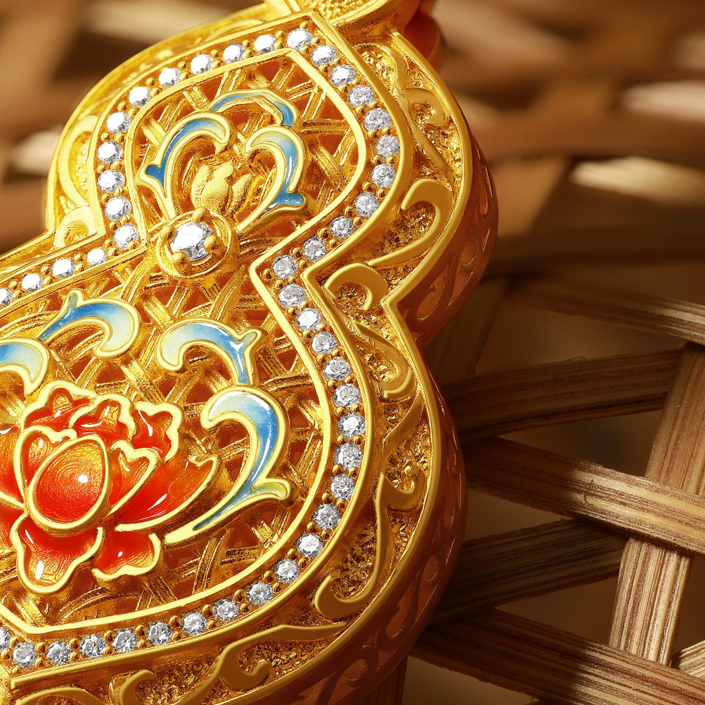 "Chinese Culture Collection - Woven Bamboo" 24K Gold Pendant Necklace Diamond 0.004ct Gourd 12.5-14.5g W0423488