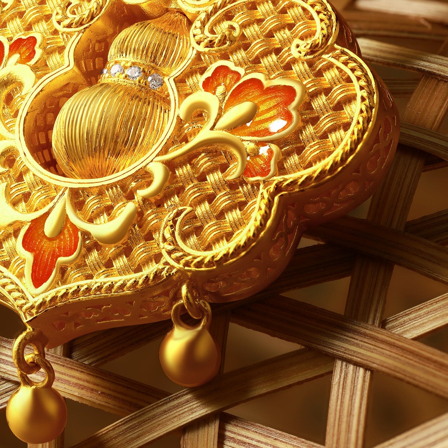 "Chinese Culture Collection - Woven Bamboo" 24K Gold Pendant Necklace Diamond Flora 15.63-17.63g W0423507