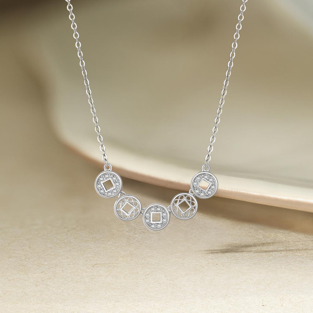 ZHOU LIU FU 925 Sterling Silver Smile Necklace for Women with Cubic Zirconia, Chinese Coin Shaped Charms Birthday Gift for Wife