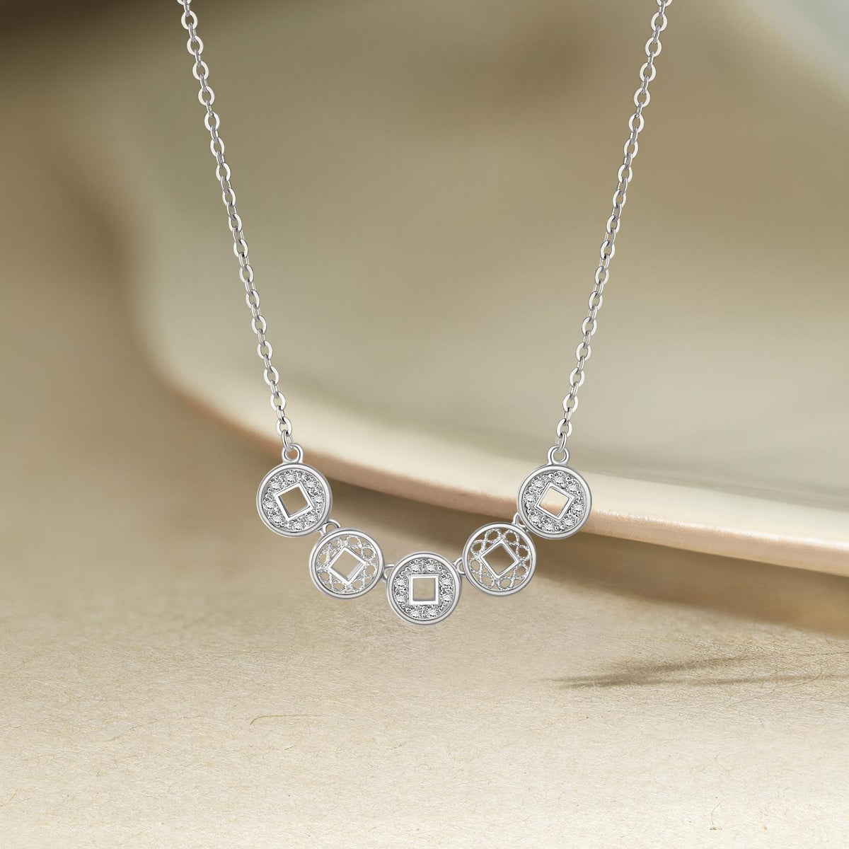 ZHOU LIU FU 925 Sterling Silver Smile Necklace for Women with Cubic Zirconia, Chinese Coin Shaped Charms Birthday Gift for Wife