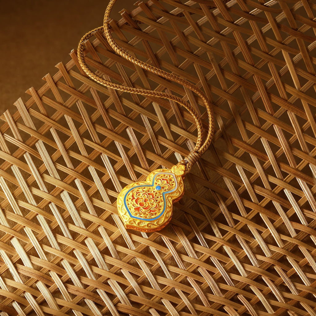 "Chinese Culture Collection - Woven Bamboo" 24K Gold Pendant Necklace Diamond 0.004ct Gourd 12.5-14.5g W0423488