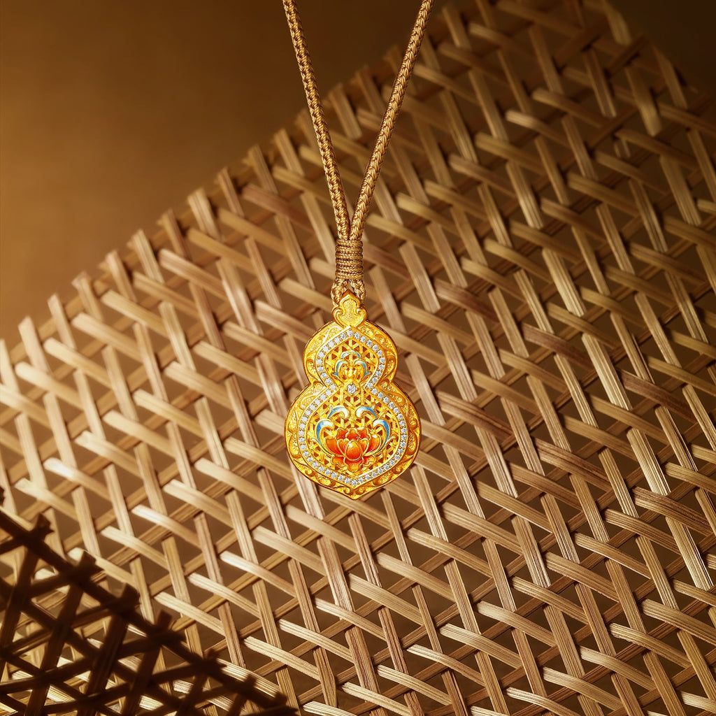 "Chinese Culture Collection - Woven Bamboo" 24K Gold Pendant Necklace Diamond 0.004ct Gourd 12.5-14.5g W0423488