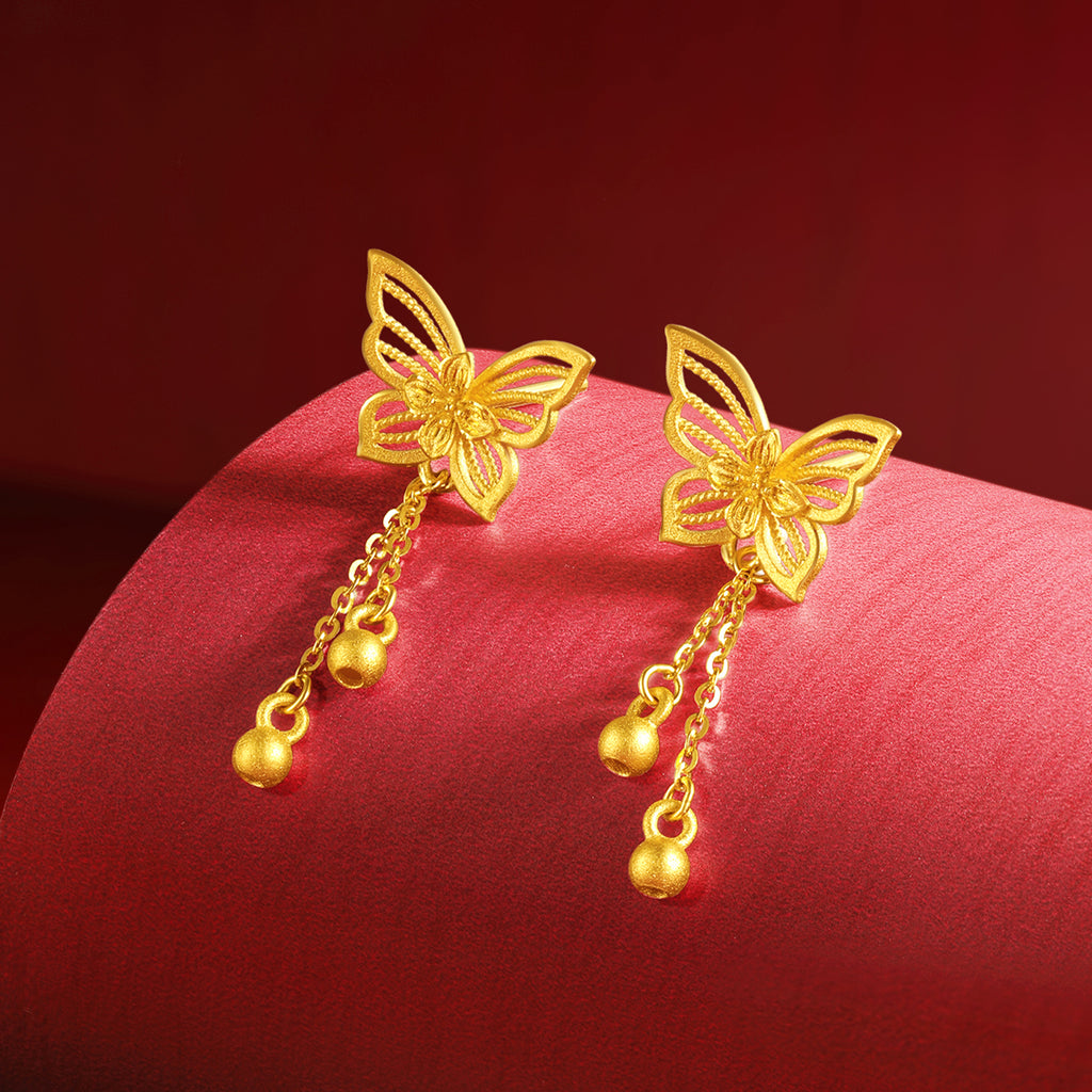 "Princess Wedding" 999 24K Gold Earrings Butterfly 2.8-3.3g A0922079