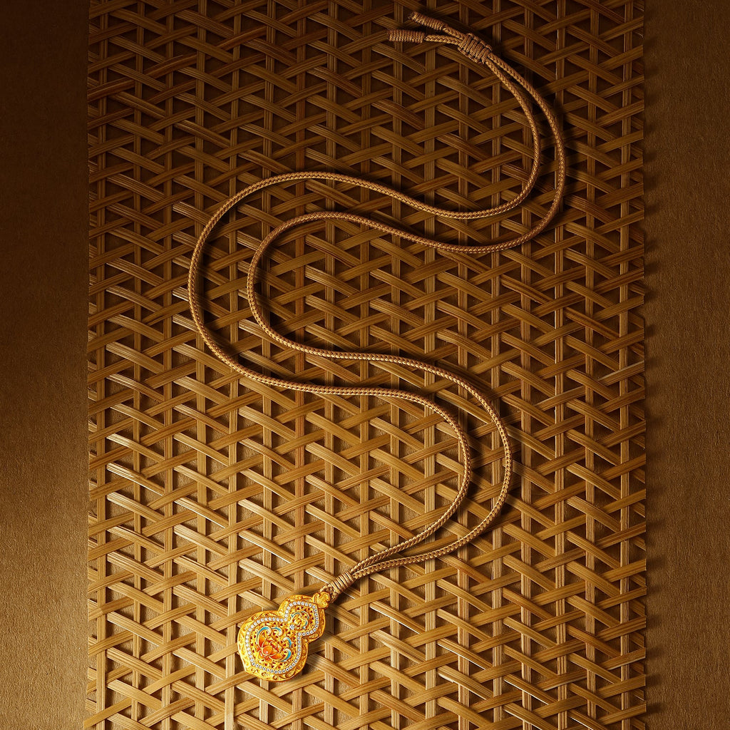"Chinese Culture Collection - Woven Bamboo" 24K Gold Pendant Necklace Diamond 0.004ct Gourd 12.5-14.5g W0423488