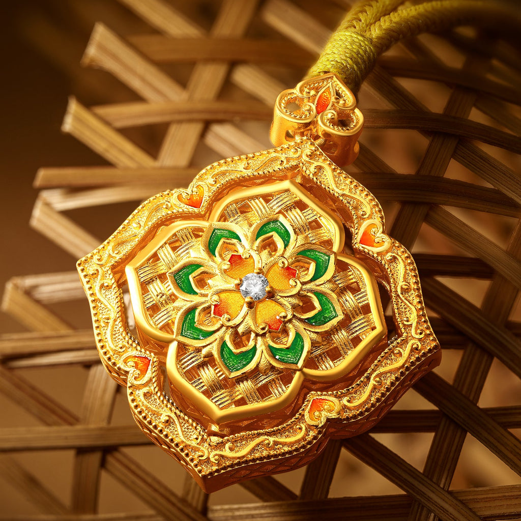 "Chinese Culture Collection - Woven Bamboo" 24K Gold Pendant Necklace Diamond 0.012ct 0.01ct Flora 16.45-18.45g W0423515