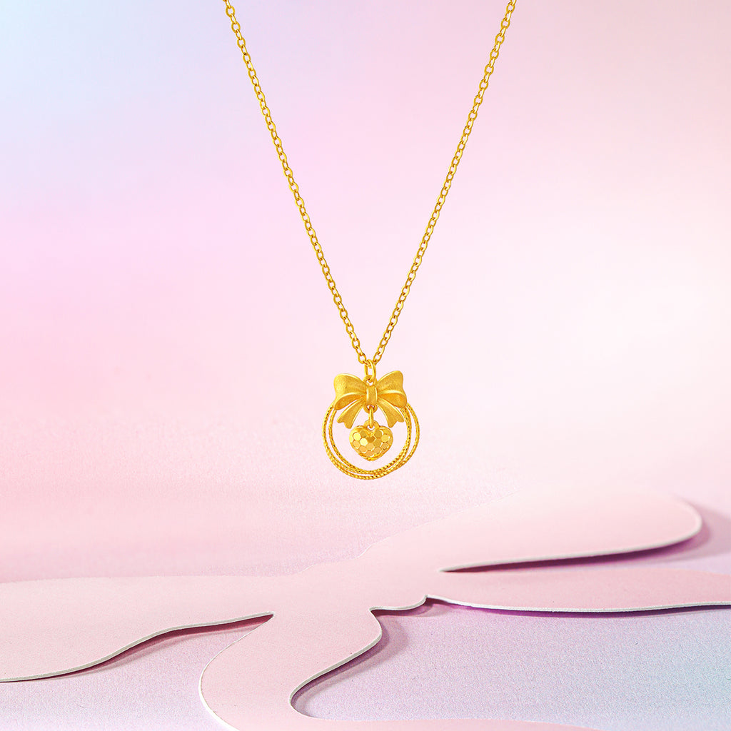 "Girl's Worries" 24K Gold Pendant Necklace Bow 3.58-3.98g A0615491