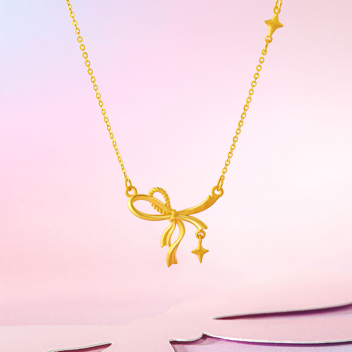 "Girl's Worries" 999 24K Gold Pendant Necklace Bow 3.7-4.1g A0615483