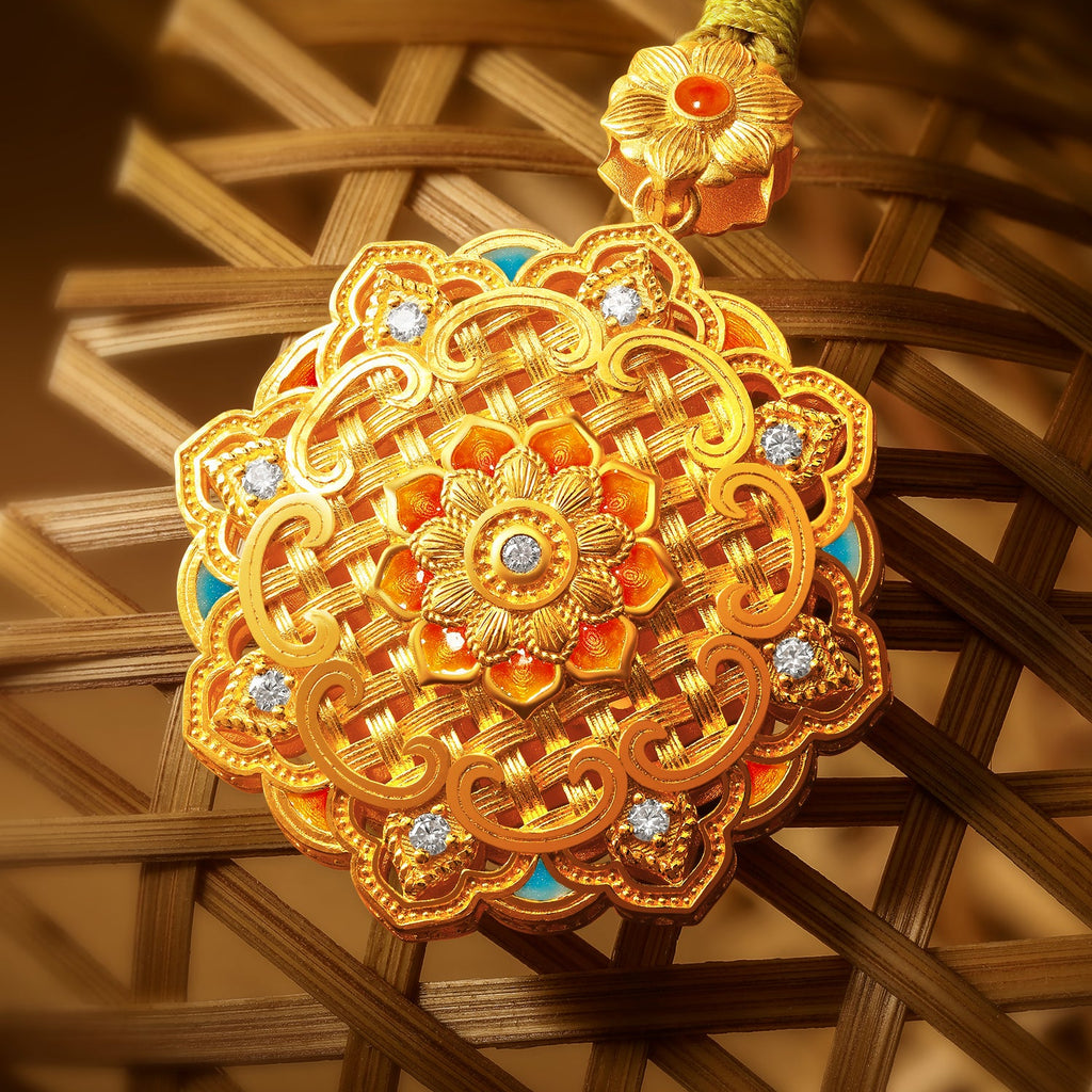 "Chinese Culture Collection - Woven Bamboo" 24K Gold Pendant Necklace Diamond 0.014ct Flora 18.12-20.12g W0423512