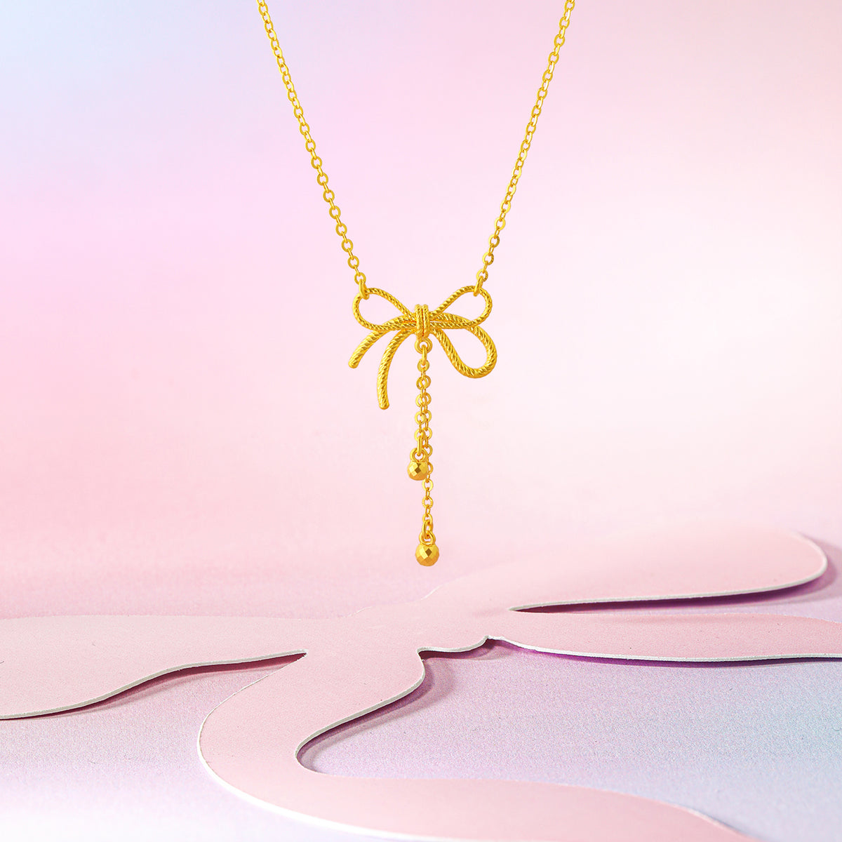"Girl's Worries" 24K Gold Pendant Necklace Bow 3.75-4.15g A0615490