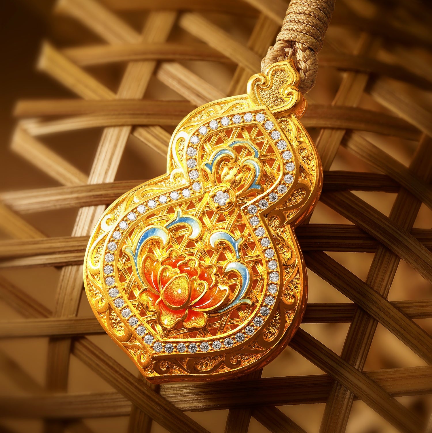 "Chinese Culture Collection - Woven Bamboo" 24K Gold Pendant Necklace Diamond 0.004ct Gourd 12.5-14.5g W0423488