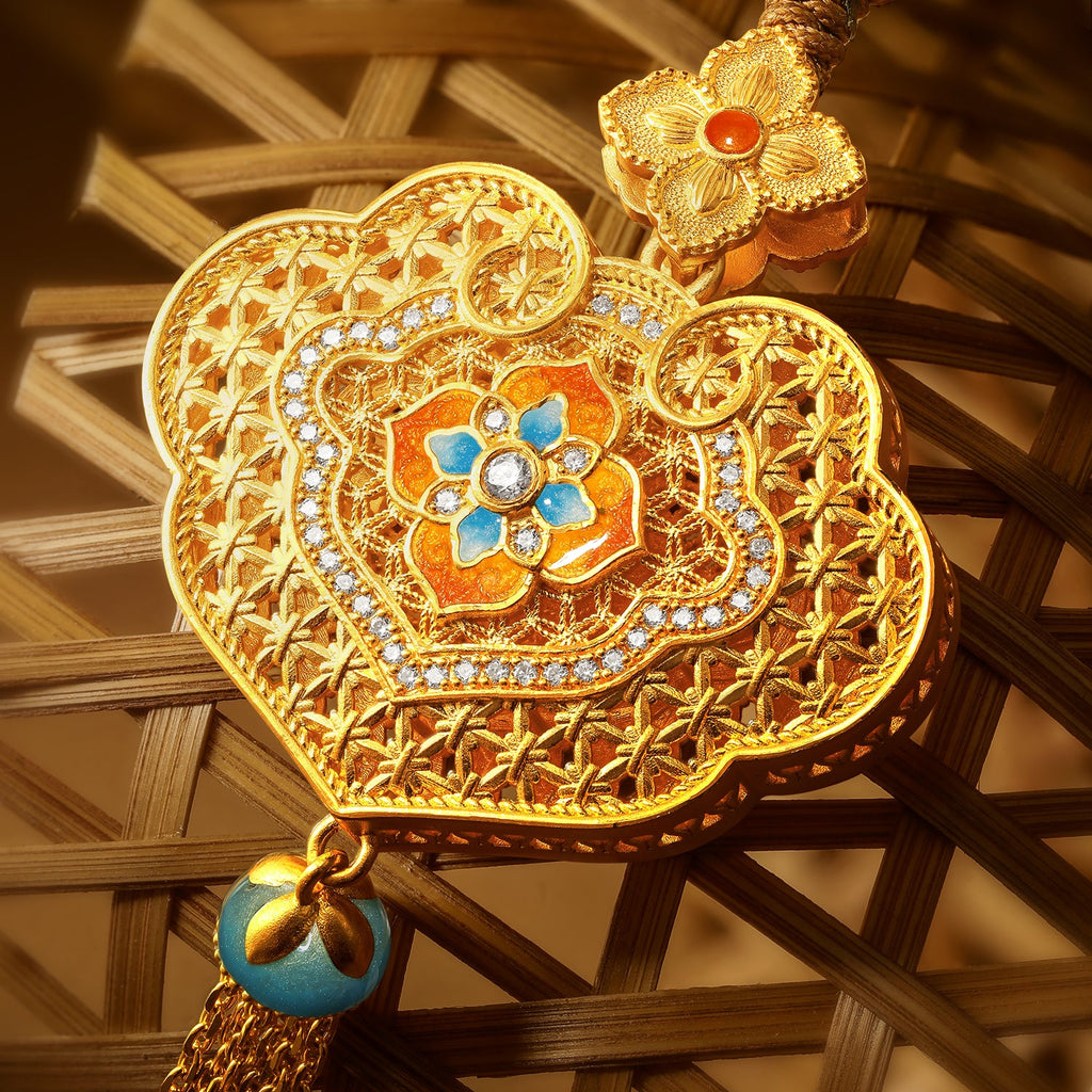 "Chinese Culture Collection - Woven Bamboo" 24K Gold Pendant Necklace Diamond 0.003ct 0.004ct Flora 16.05-18.05g W0423514