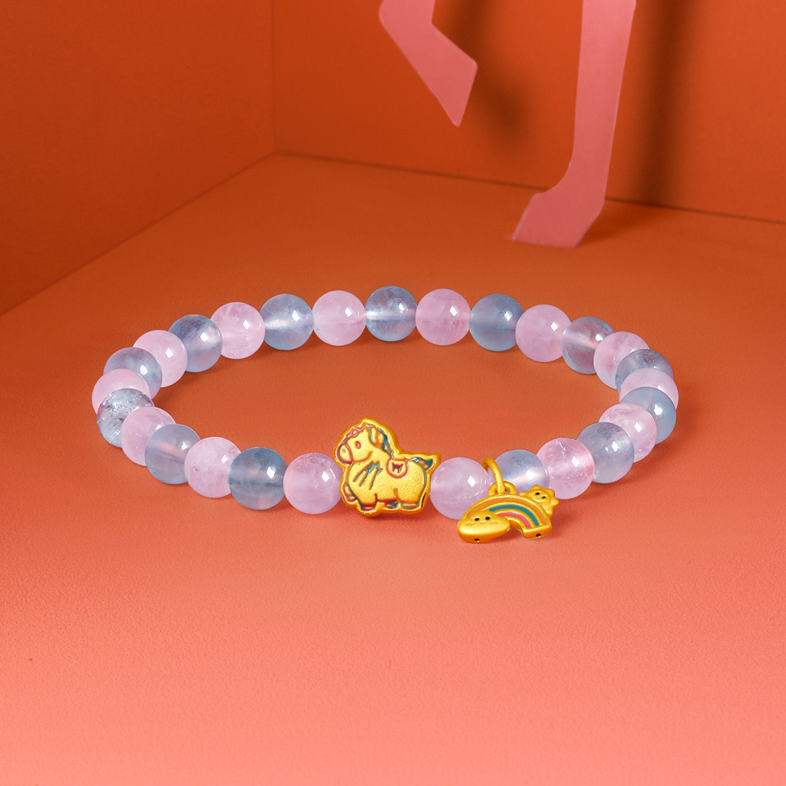 'Year of the Horse'  24K Gold Beaded Bracelet Rose Quartz Aquamarine Horse Rainbow 1.3-1.6g 17cm A1915543