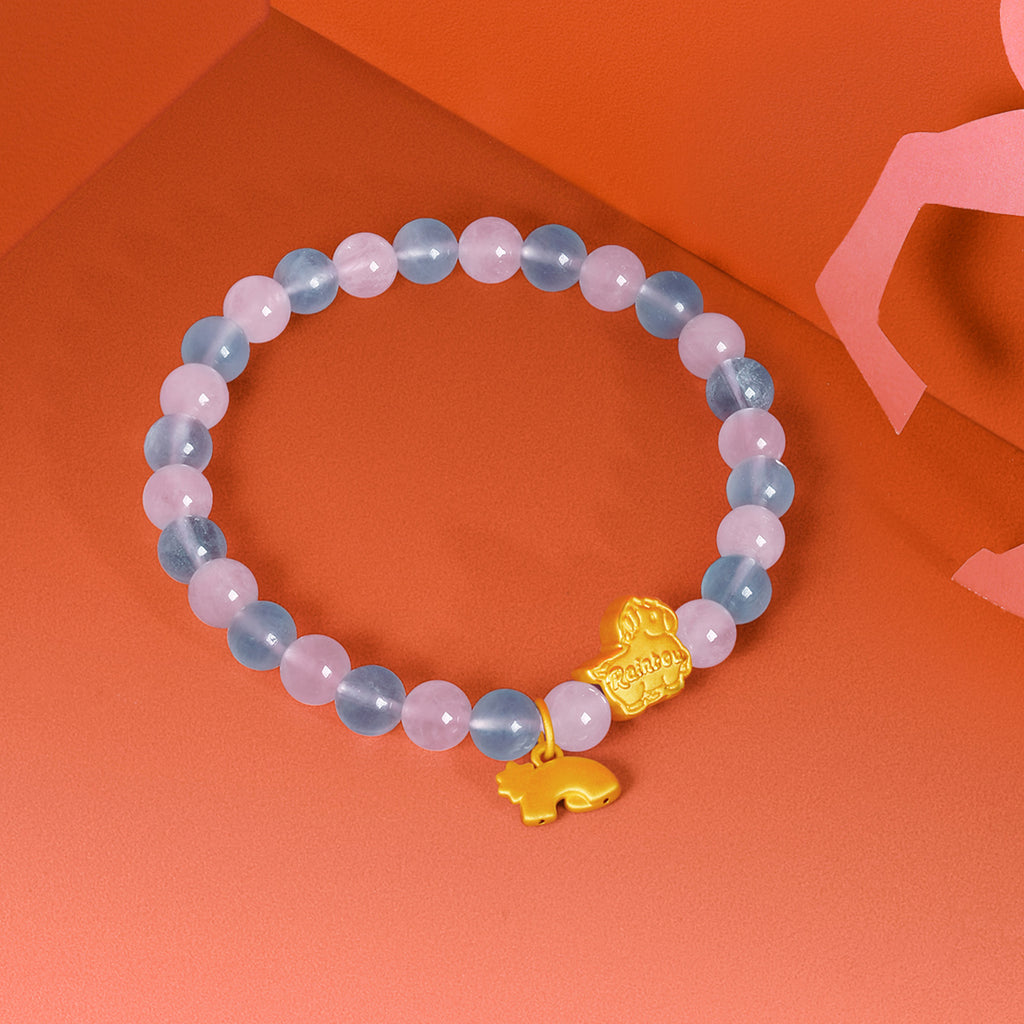 'Year of the Horse'  24K Gold Beaded Bracelet Rose Quartz Aquamarine Horse Rainbow 1.3-1.6g 17cm A1915543