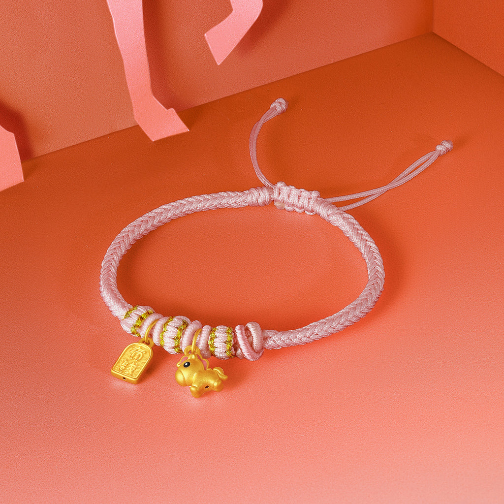 'Year of the Horse' 24K Gold String Bracelet Horse Yuanbao 1-1.3g 16cm-22cm A1715525