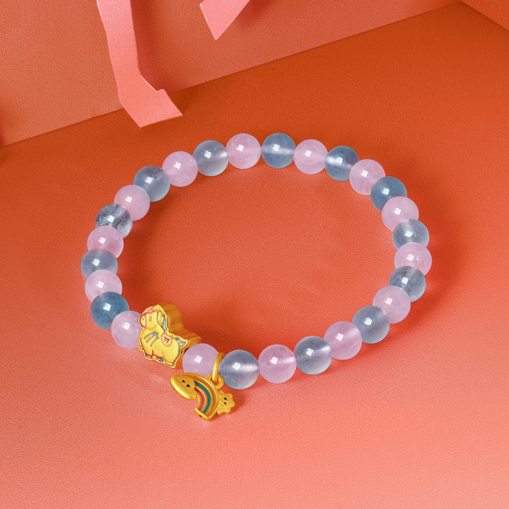 'Year of the Horse'  24K Gold Beaded Bracelet Rose Quartz Aquamarine Horse Rainbow 1.3-1.6g 17cm A1915543