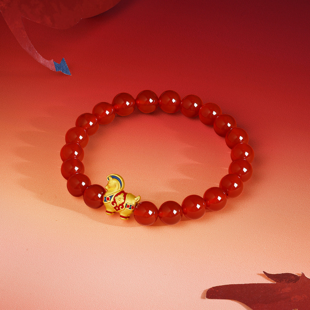 "Year of the Horse"  24K Gold Beaded Bracelet Agate Horse 0.87-1.17g 17cm A1920841