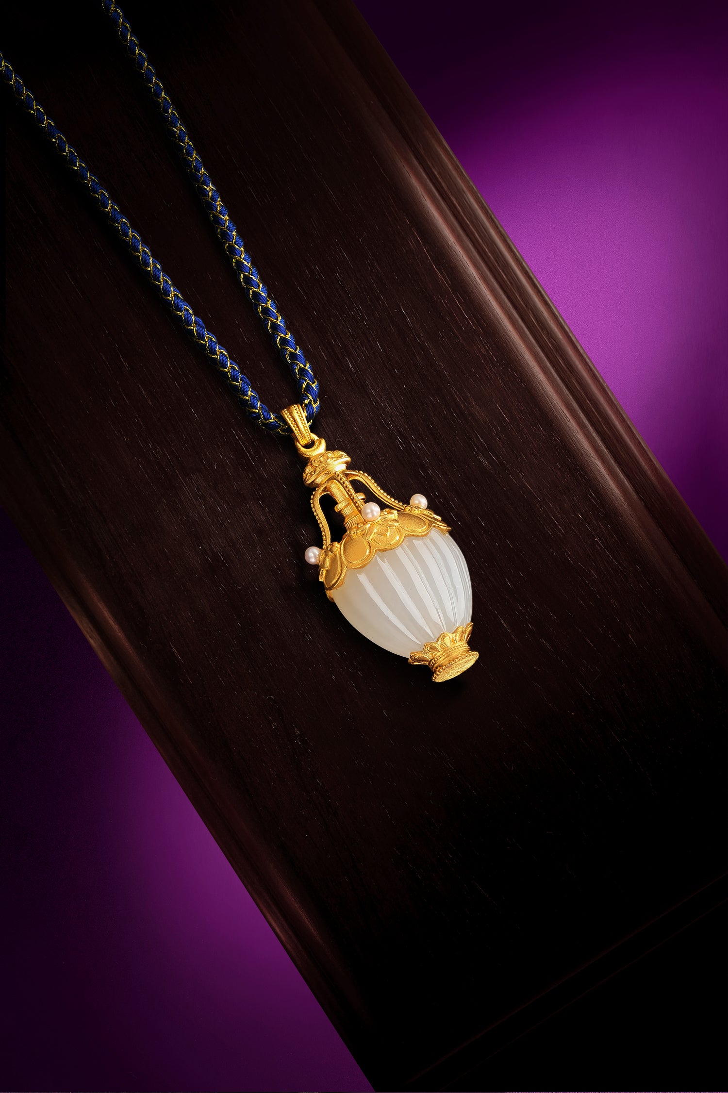 "Chinese Culture Collection - Dan Qing" 24K Gold Pendant Braided Rope Hetian Jade 38.5*19mm Pearl 2-2.5mm Vase 11.2-14.7g Y0436331