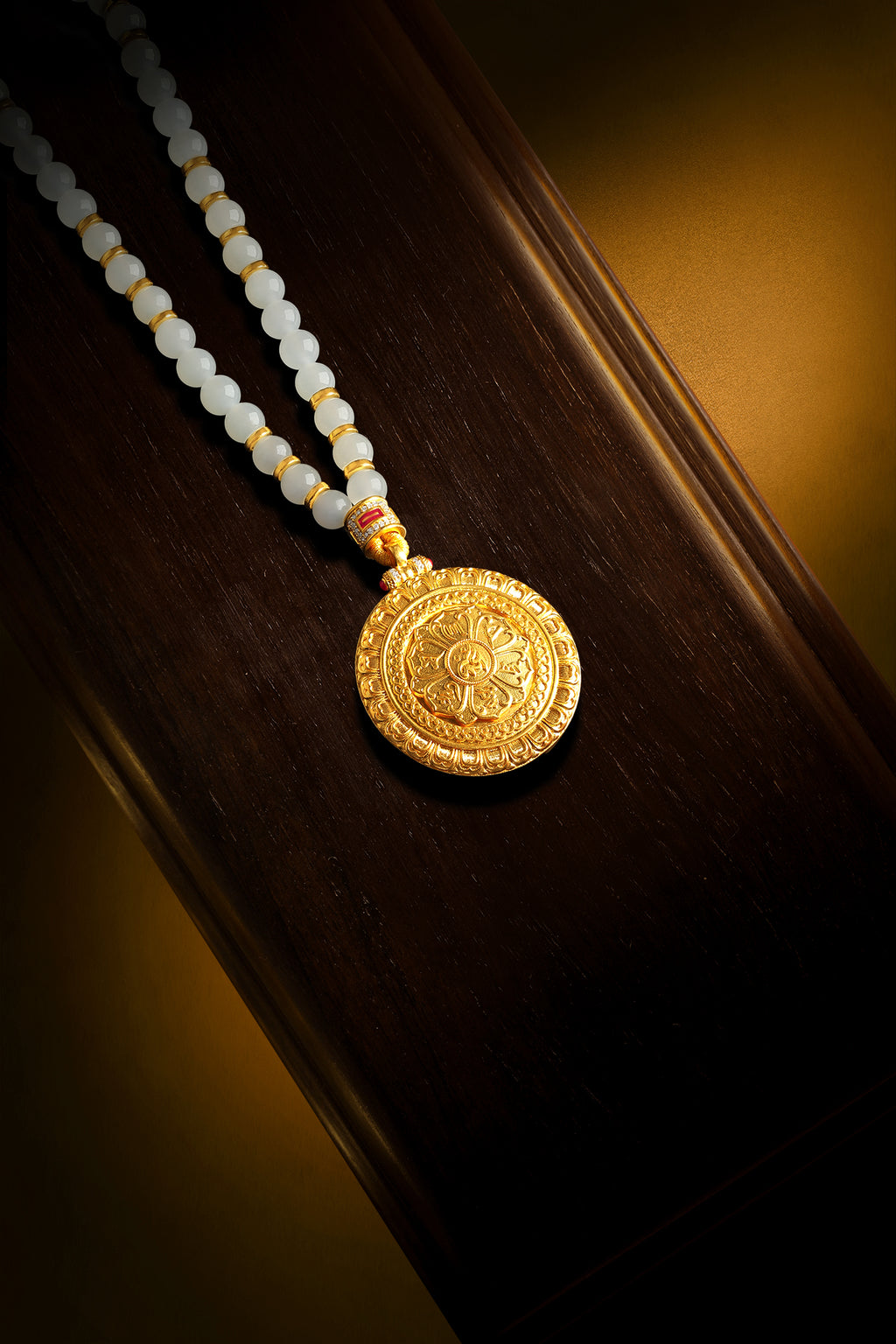 "Chinese Culture Collection - Dan Qing" 24K Gold Pendant Necklace Braided Rope Hetian Jade 5-5.5mm Diamond 0.0036ct Ruby 0.003ct 32.3-37.3g Y0636325