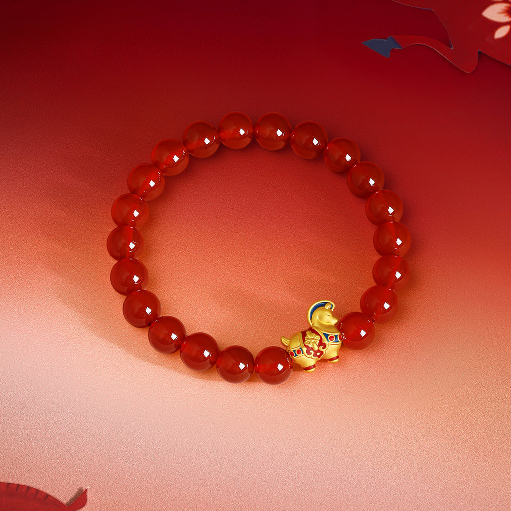 "Year of the Horse"  24K Gold Beaded Bracelet Agate Horse 0.87-1.17g 17cm A1920841