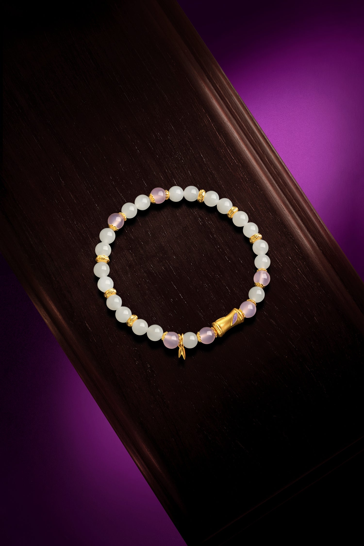 "Chinese Culture Collection - Dan Qing" 24K Gold Beaded Bracelet Hetian Jade 5.8-6.3mm Diamond 0.0015ct Chalcedony Bamboo 2.3-4g Y1940423