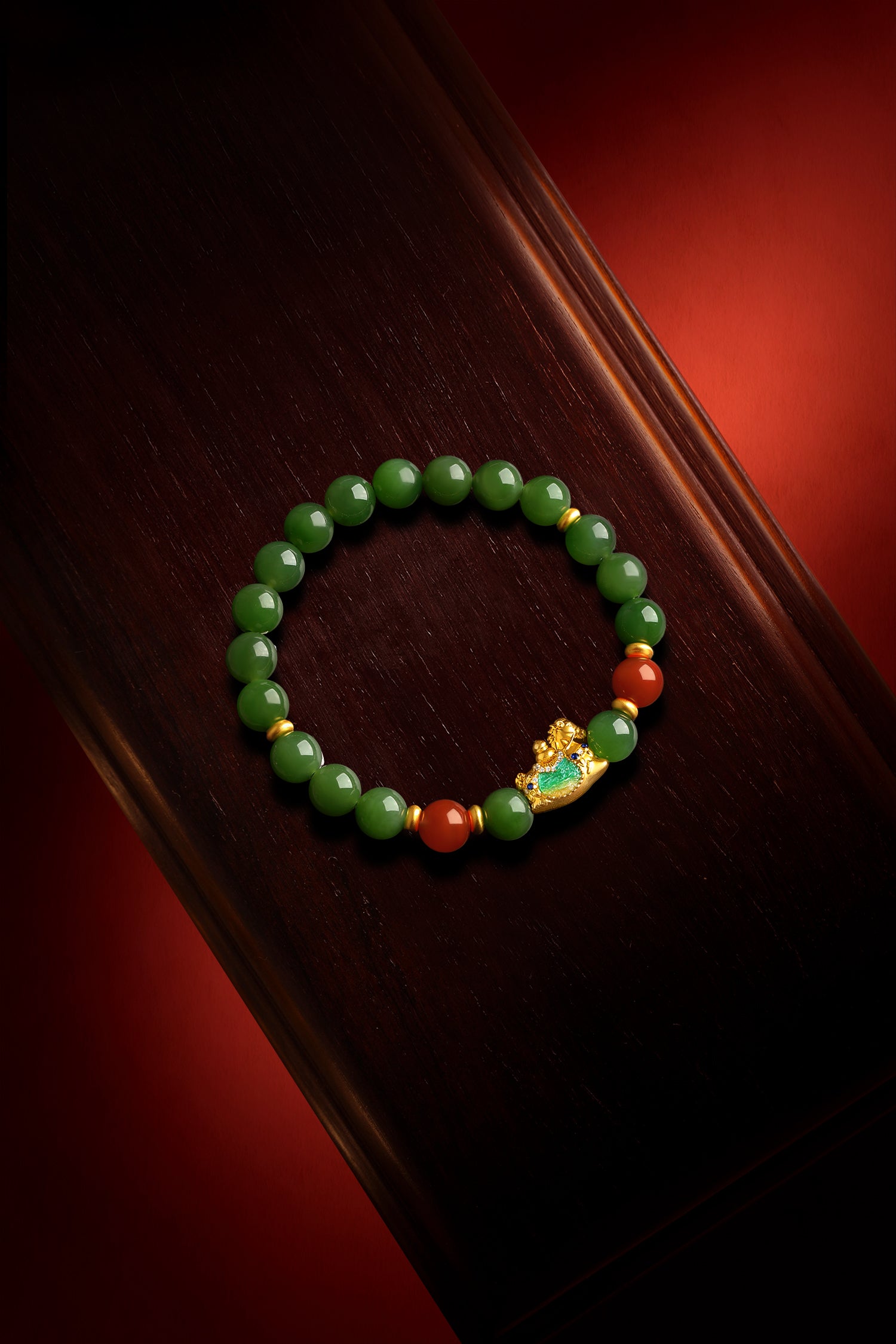 "Chinese Culture Collection - Dan Qing" 24K Gold Beaded Bracelet Hetian Jade 7.8-8.3mm Diamond 0.0025ct Agate 0 Horse 1.1-1.65g Y1937267