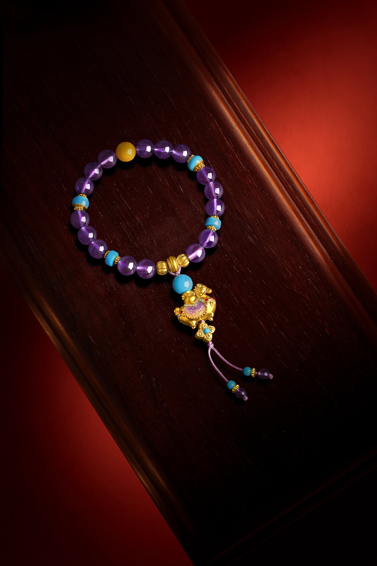 "Chinese Culture Collection - Dan Qing" 24K Gold Beaded Bracelet Braided Rope Amethyst 8-8.5mm Diamond 0.0031ct Amber 4-5mm Horse 5.4-6.8g J1937293