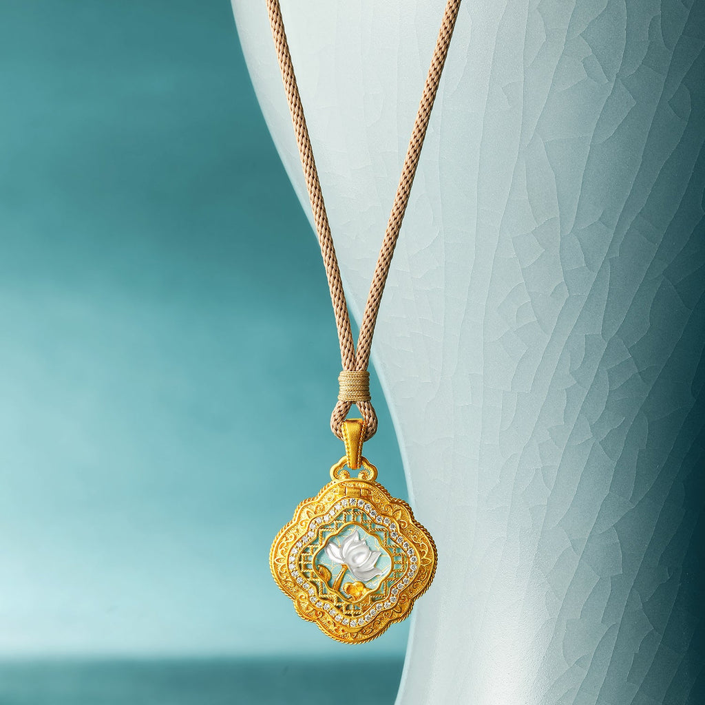 "Chinese Culture Collection - Ru Ware" 24K Gold Pendant Diamond 0.0045ct Shell Lotus 10-12g W0448093