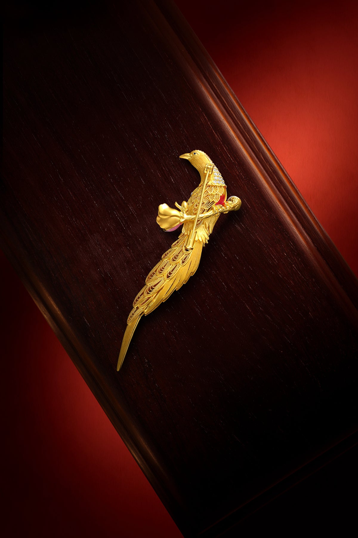 "Chinese Culture Collection - Dan Qing" 999 24K Gold Brooch Diamond 0.0088ct Aquamarine 0.0025ct Ruby 4-4.5mm 32-37g W2249945