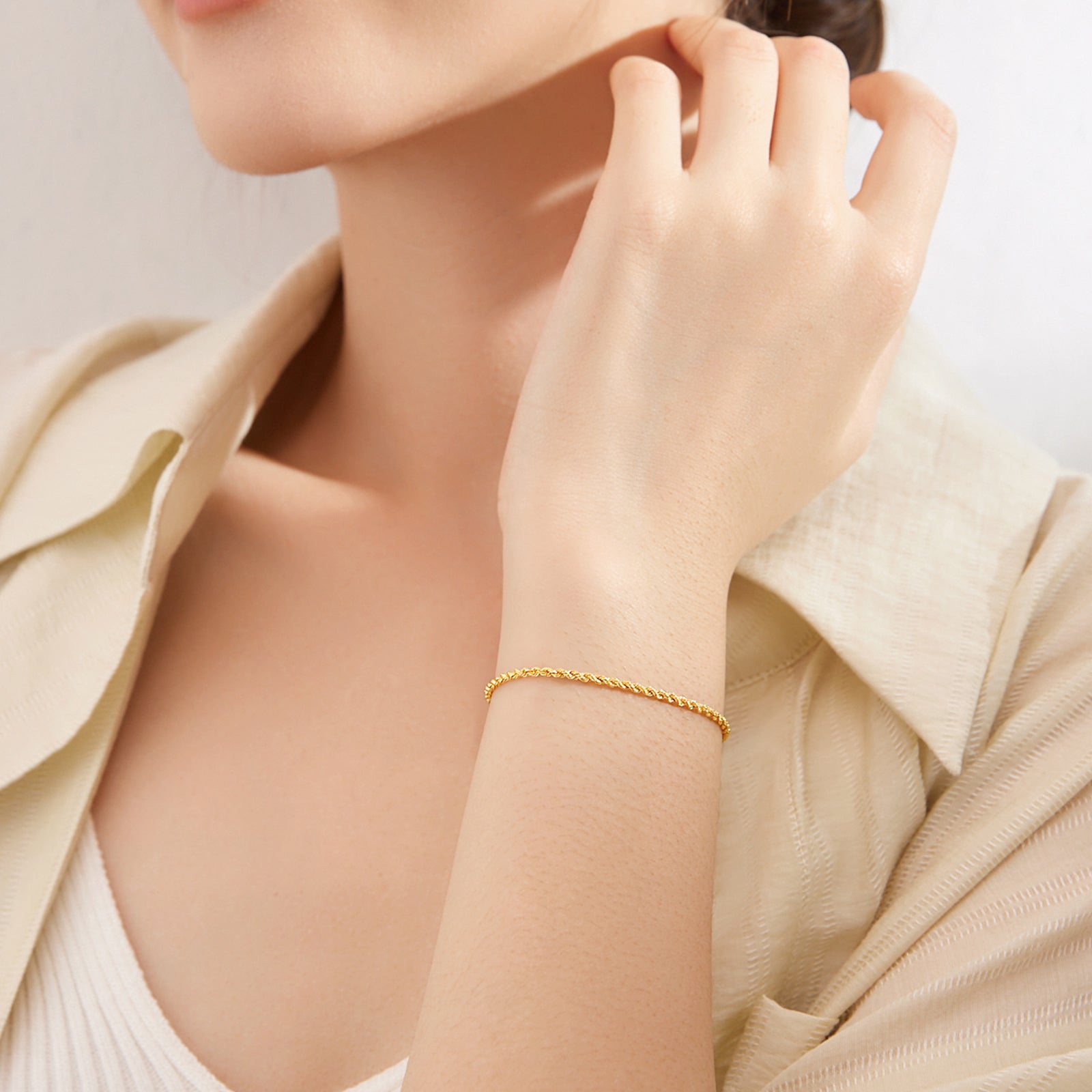 ZHOU LIU FU 18K Solid Gold Rope Chain Diamond Cut Bracelet, 6"-7" Minimalist Italian Jewelry for Women