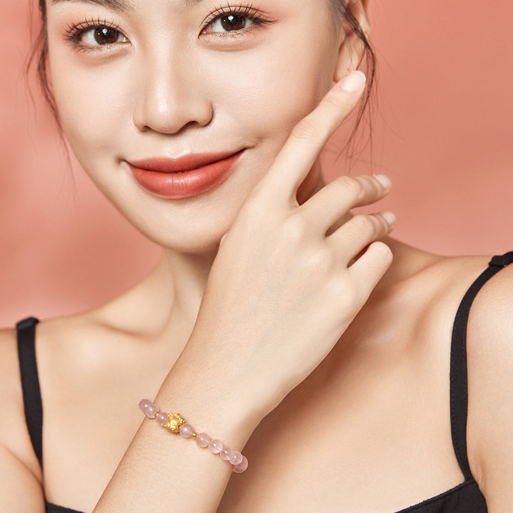 "Chinese Zodiac Rabbit" 24K Gold Beaded Bracelet Rose Quartz6.2-6.7mm Rabbit 0.42-0.65g A1911099