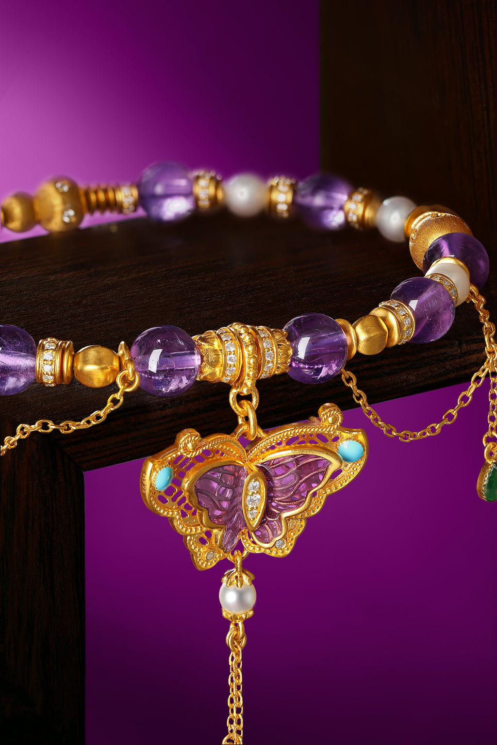 "Chinese Culture Collection - Dan Qing" 24K Gold Beaded Bracelet Amethyst 6-6.5mm Diamond 0.0031ct 3.8-4.3mm Butterfly 19-23g J1940431