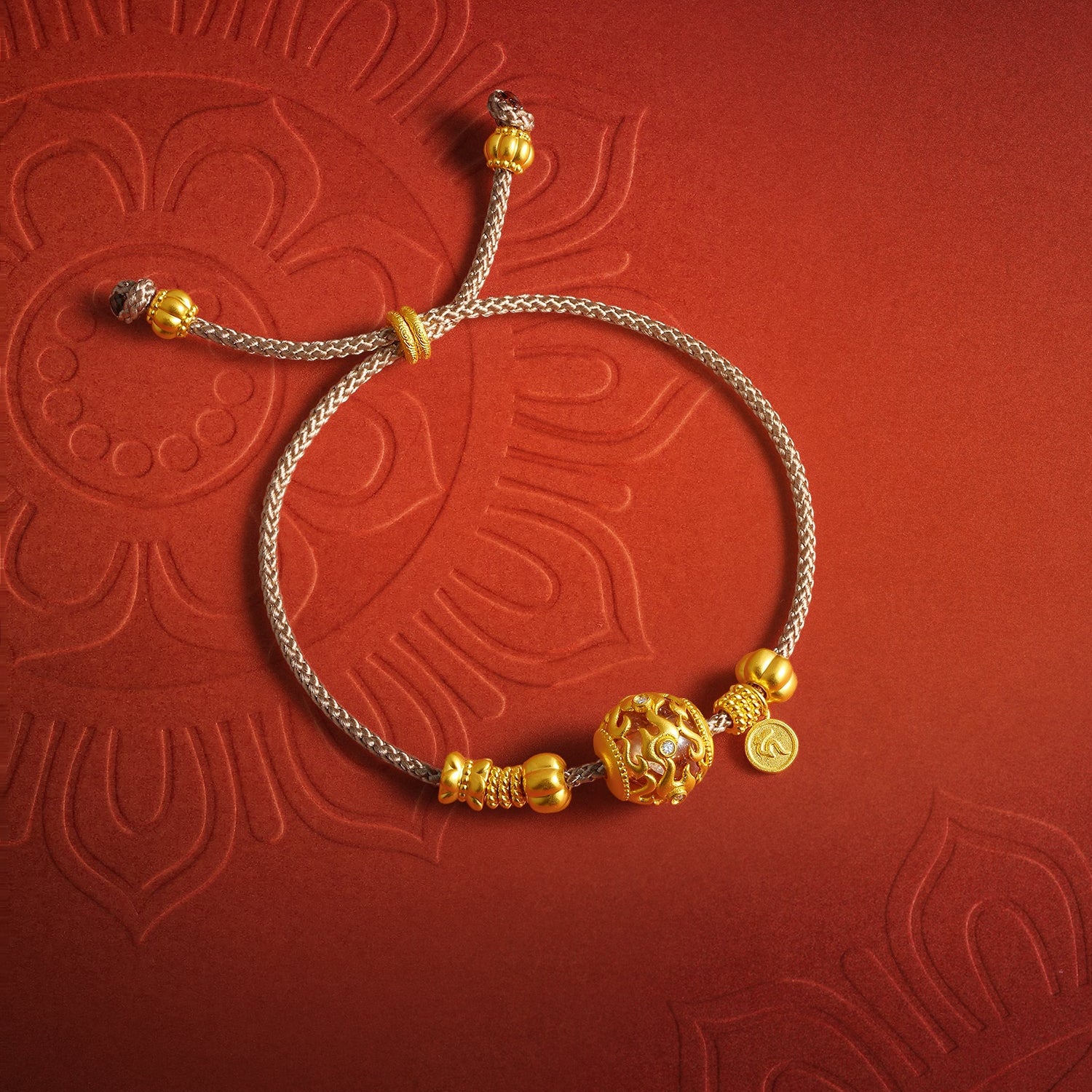 "Jiuhua Mountain" 24K Gold String Bracelet Diamond Yellow Crystal Hollow Bead Charm W1738238