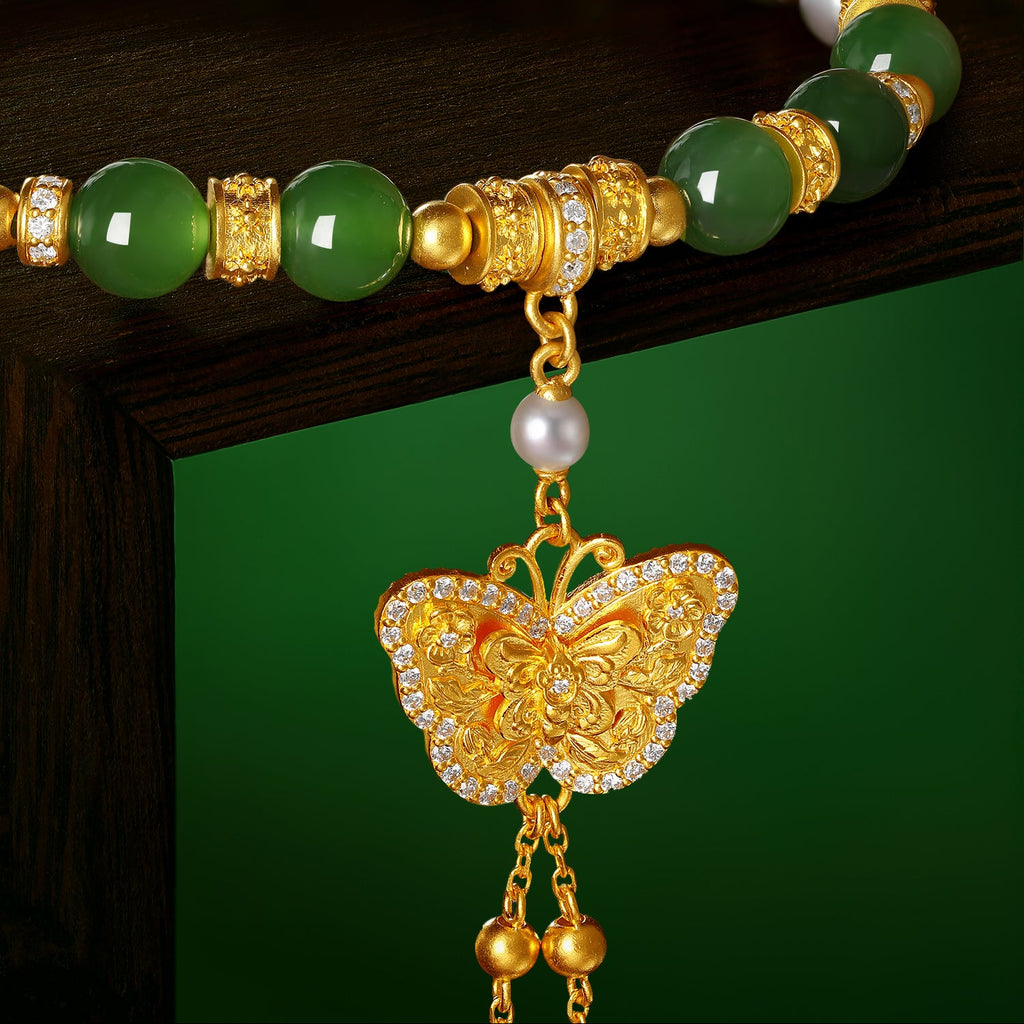 "Chinese Culture Collection - Dan Qing" 24K Gold Beaded Bracelet Hetian Jade 5.8-6.3mm Diamond 0.0053ct Pearl 2.8-3.3mm Butterfly 12-15g Y1940434