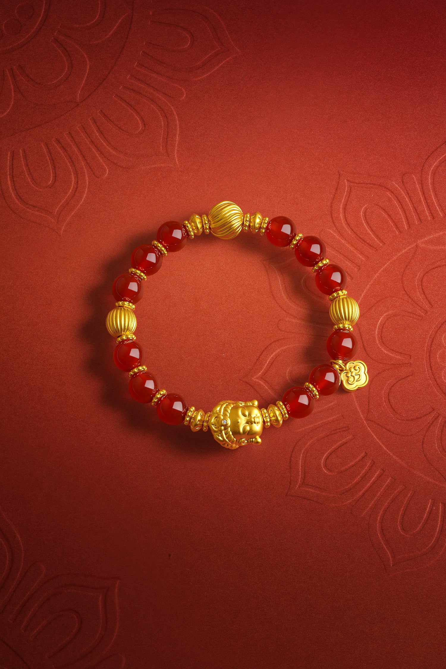 "Jiuhua Mountain" 24K Gold Beaded Bracelet Agate Buddha Sculpture 8-8.5mm 18cm J1935477