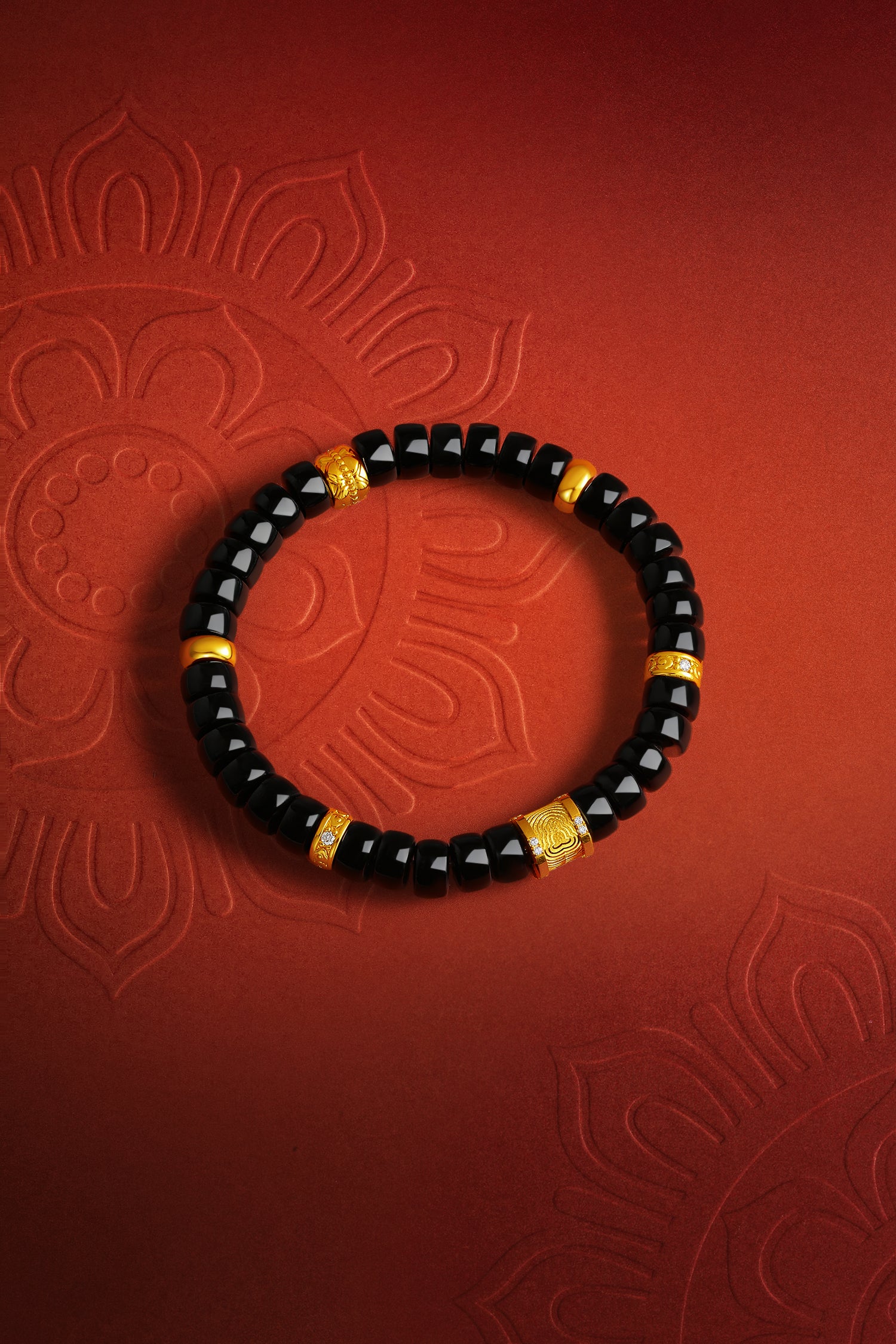 "Jiuhua Mountain" 24K Gold Beaded Bracelet Black Agate Carved Barrel 7.5-8*4-4.5mm 18cm J1937738