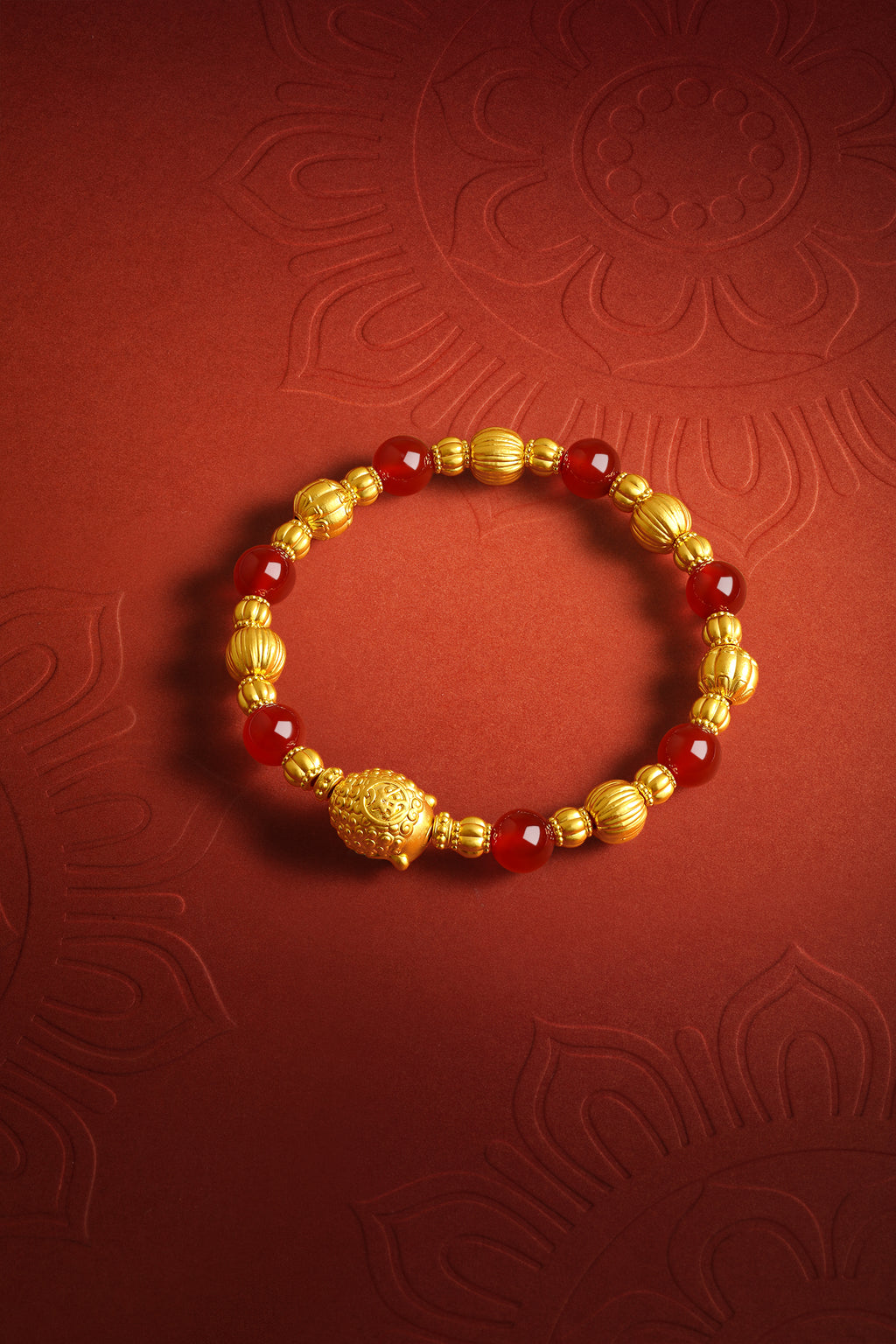 "Jiuhua Mountain" 24K Gold Beaded Bracelet Agate Buddha Sculpture 8-8.5mm 18cm J1935521