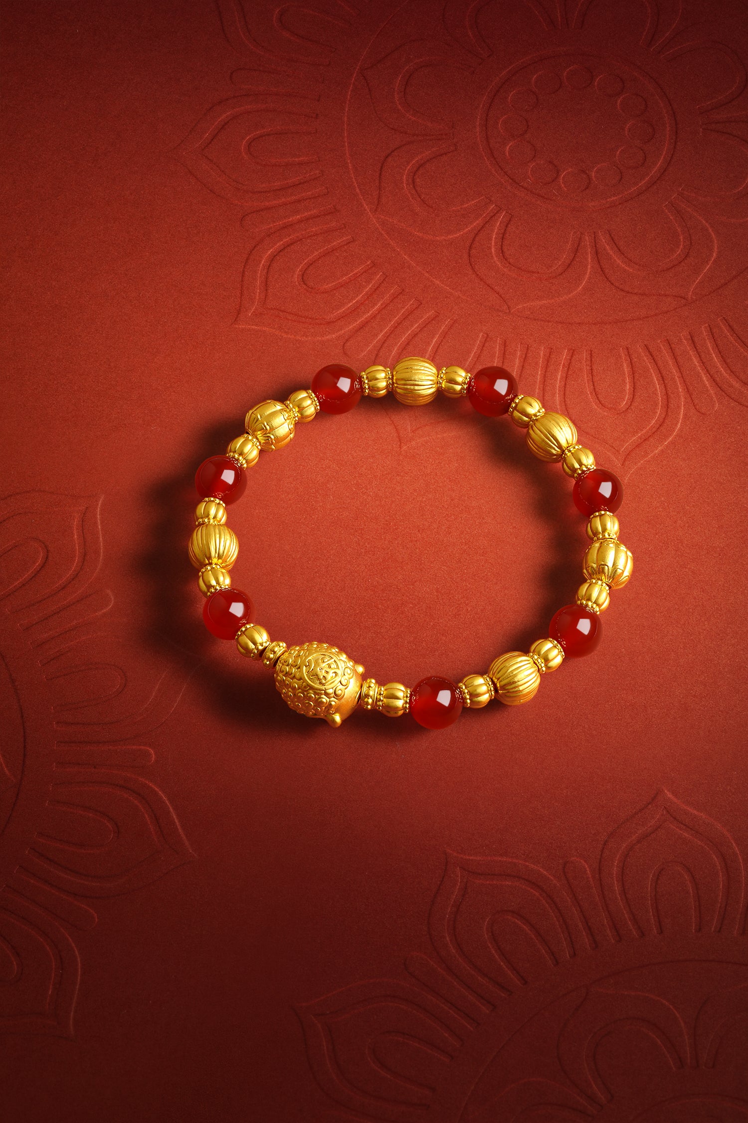 "Jiuhua Mountain" 24K Gold Beaded Bracelet Agate Buddha Sculpture 8-8.5mm 18cm J1935521