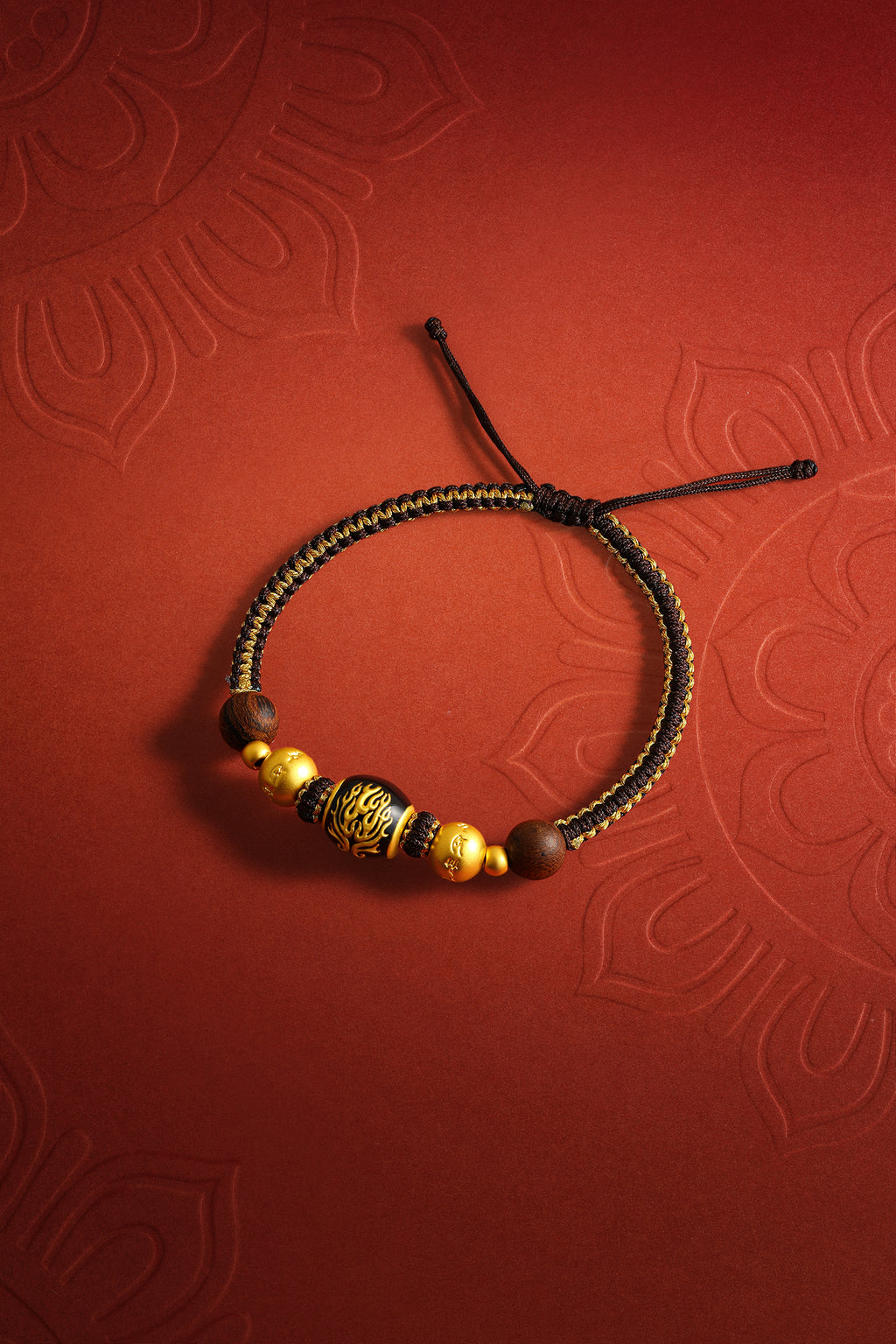 "Jiuhua Mountain" 24K Gold String Bracelet Engraved Character Wood Bead 18cm A1735606