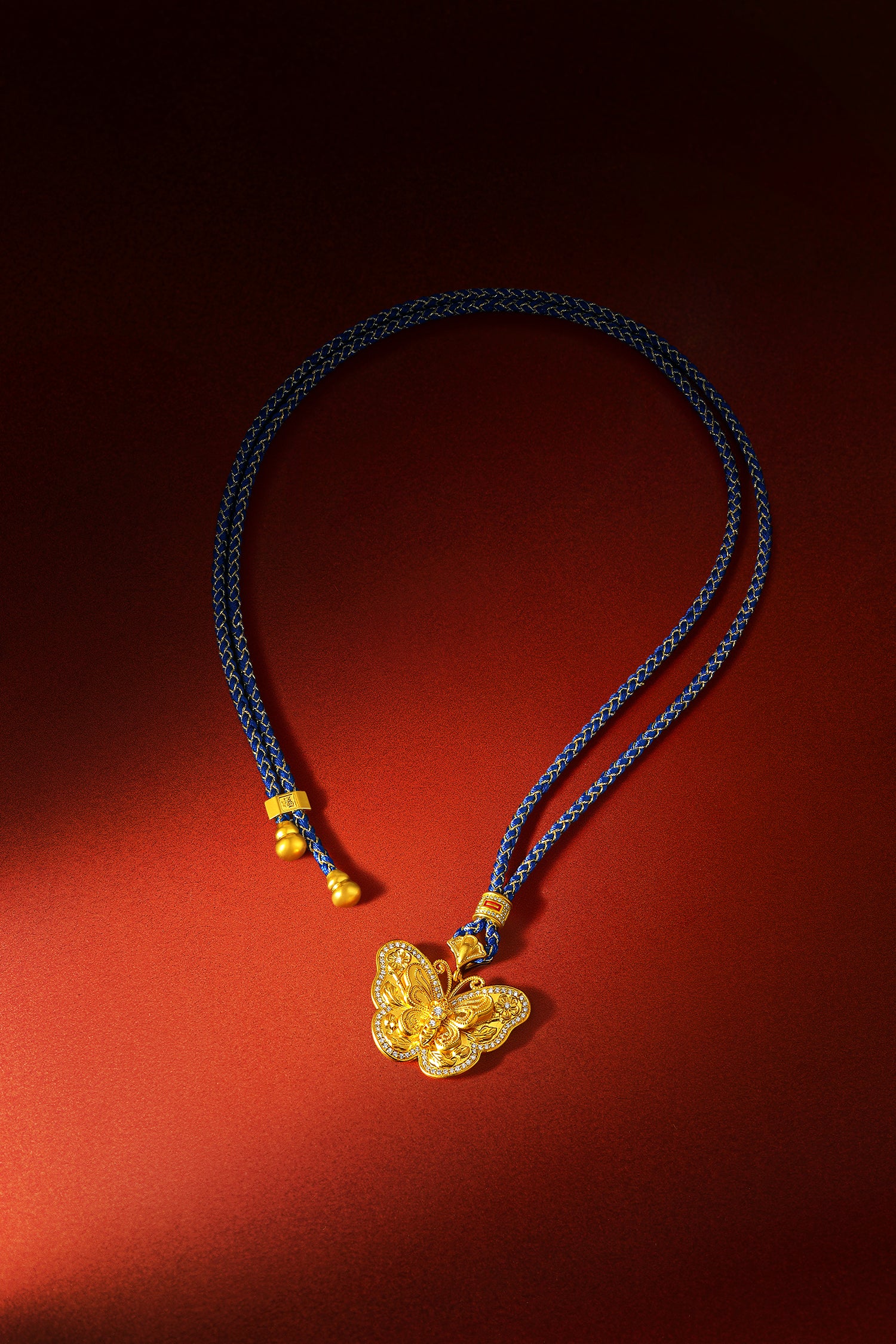 "Chinese Culture Collection - Dan Qing" 24K Gold Pendant Braided Rope Diamond 0.0031ct Butterfly 20.6-24.6g W0436731