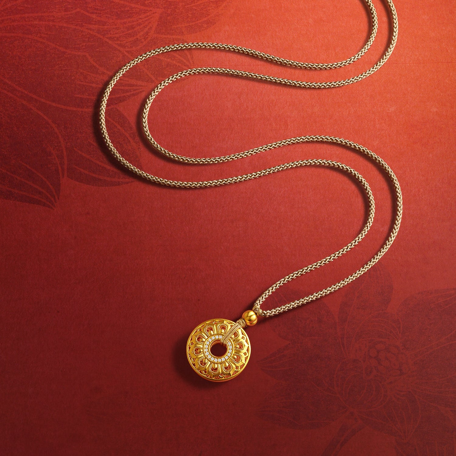 "Jiuhua Mountain" 24K Gold Diamond Filigree Floral Round Pendant 0.0049ct W0436115
